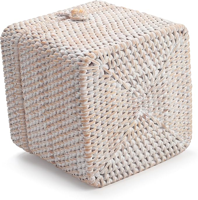 Rattan Tissue Box Cover Natural Woven Facial Napkin Holder Square with Lid 5.7 x 5.7 x 5.5 Inch (White)