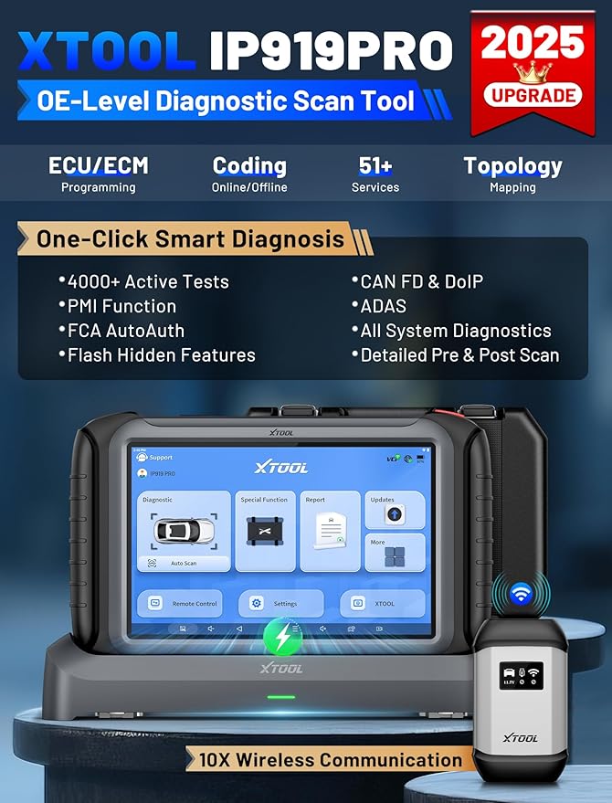 XTOOL IP919 PRO Scan Tool, ECU Programming Car OBD2 Scanner with Topology Mapping, Upgrade of D9S PRO, 51+ Resets, ECU Coding, FCA/CAN FD/DoIP, Automotive Bidirectional Scan Tool with 3-Year Updates