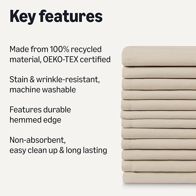 Amazon Basics Reusable Stain and Wrinkle Resistant Cloth Napkins, 12 Pack, 17 x 17 inches, Beige