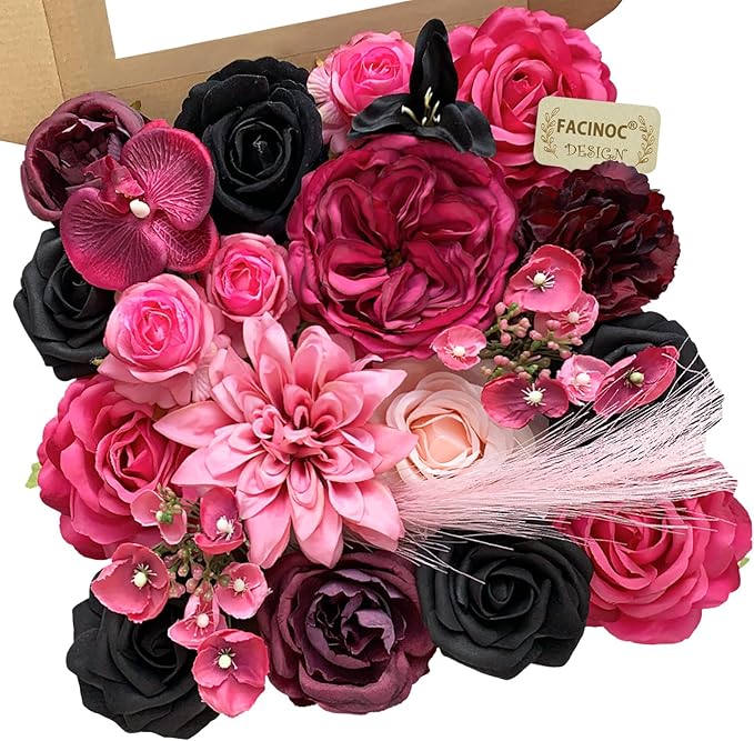 Roses Artificial Flowers Pink Fake Flower Bouquet for DIY Bridal Wedding Shower Decorations Party Table Centerpieces Cake Decorating Silk Floral Arrangement for Home Decor Indoor Fuchsia Black