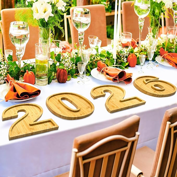 4 PCS 2026 Charcuterie Boards Wooden Numbers Fillable Boxes Reusable Christmas Serving Tray for Party Tabletop Decoration Fruits Platters Dish Plates for Birthday Wedding 2026 New Year Holiday Supply