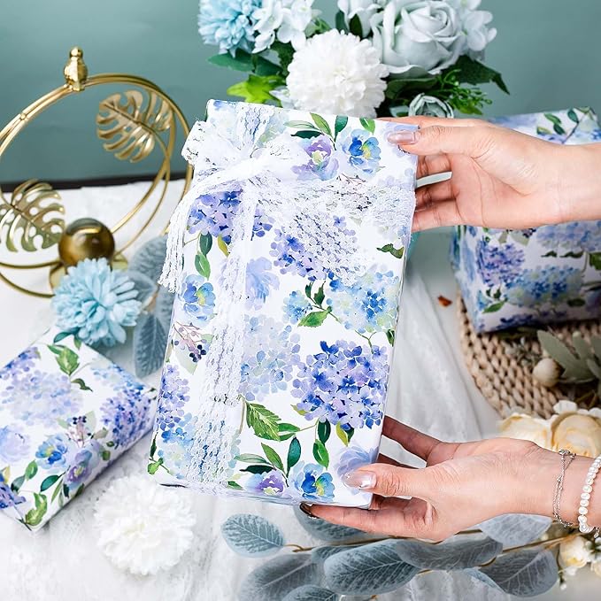 MAYPLUSS Floral Gift Wrapping Paper Roll - Watercolor Blue Hydrangea Design Floral Gift Wrap Paper for Wedding, Bridal Shower, Mother’s Day, Valentine's Day, Birthday, Anniversay (17 Inch X 16.5Feet)