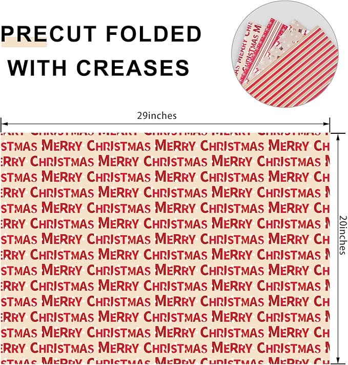 PlandRichW Christmas Wrapping Paper 12 Sheets Folded 20 x 29 Inches for Kids Adults, 4 Gift Wrap Designs Including Merry Christmas, Snowflakes, Snowmen, Red Stripes
