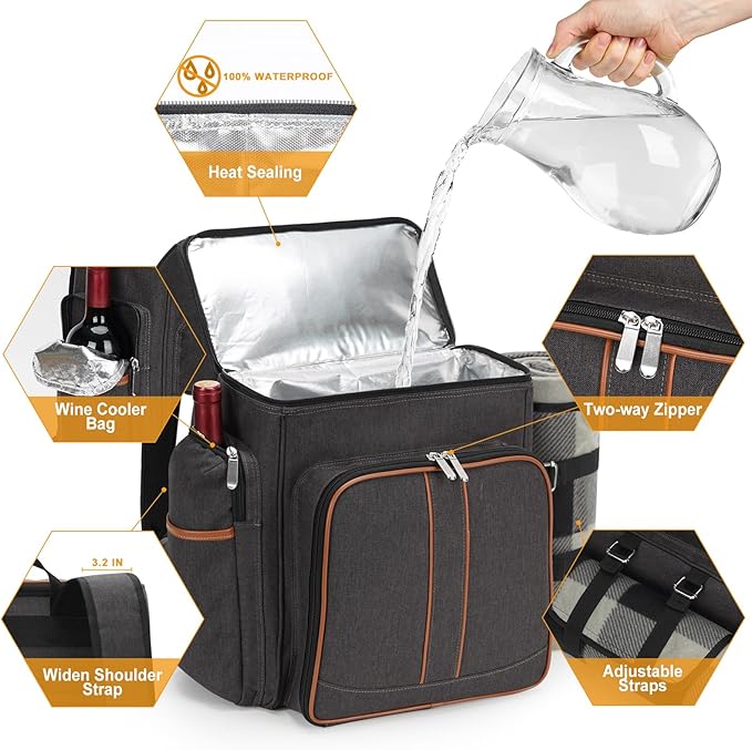Picnic Backpack for 4, Picnic Basket Set, Leakproof Picnic Bag, Beach Cooler Backpack with Insulated Cooler Wine Pouch,Picnic Blanket, Double Deck Picnic Backpack for Beach,Camping,Park (Brown)