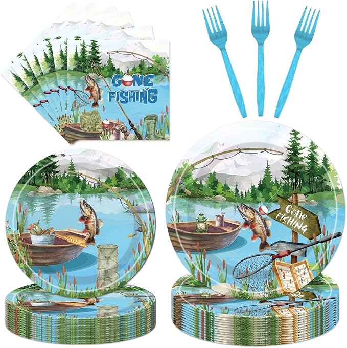 96PCS Gone Fishing Plates and Napkins Party Supplies - Fishing Birthday Party Decorations Fishing Themed Disposable Paper Tableware Set Serves 24 Guests