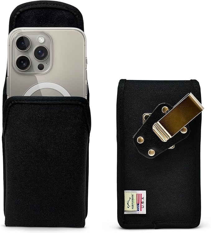 Turtleback Belt Clip for iPhone 16 Pro, 16e, 15 pro 14 Pro 13 Pro -Small- Fits w/Slim MagSafe Style Cases - Premium Black Nylon, Vertical Belt Holder, Magnetic Closure, HD Rotating Belt Clip