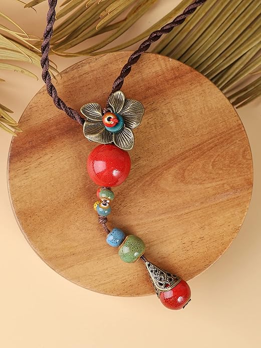 MINACHI Vintage Bohemian Colorful Ceramic Bead Antique Flower Y Necklace, Vintage Boho Hippie Statement Jewelry Gift for Women