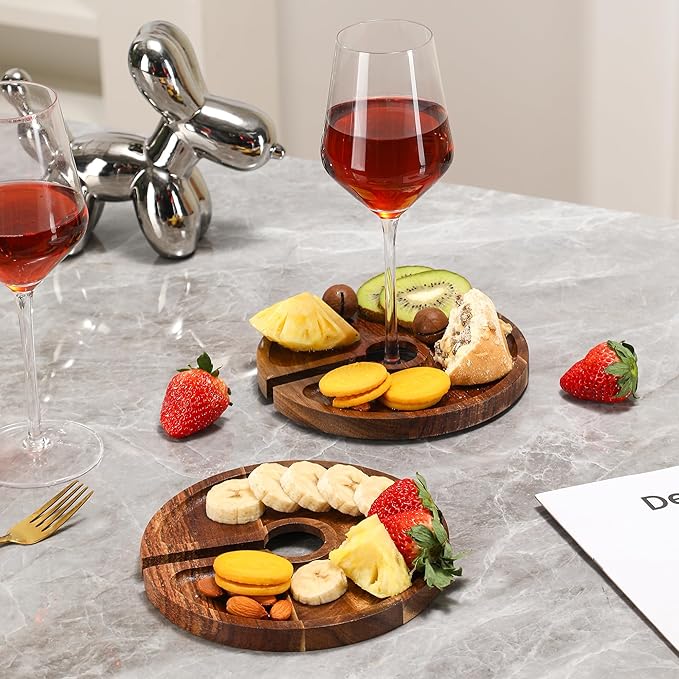 Mini Charcuterie Board with Wine Holder, Wine Glass Charcuterie Topper, Wine Gifts Accessories, Cheese Appetizer Plates for Wine Party Bars Restaurants, 7.1'' Set of 4, Acacia Wood