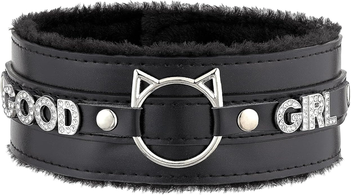 Handmade Collar Choker Necklace for Women – Cat Ear O-Ring Punk Goth Letter Choker,Black/Pink Furry Alt Fashion Jewelry