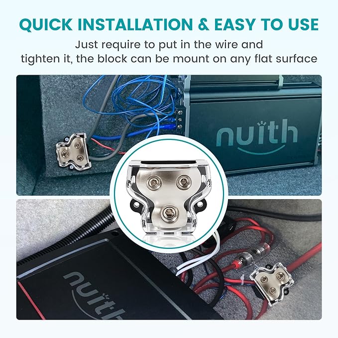 NuIth 2 Way Zine-Alloy Power Distribution Block, 0/2/4 Gauge in 4/8 Gauge Out Auto Car Audio Distribution Connecting Block, 2 Way Ground Distribution Block for Audio Amplifier Splitter, 1PC