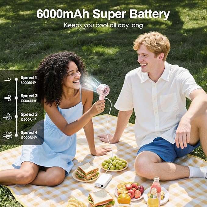 Misting Portable Handheld Fan, Powerful Turbo Motor, 6000mAh Rechargeable Battery, Personal Mini Fans with 4 Strong Wind, Cooling Gadgets for Travel, Camping, Beach, Outdoor, Gifts for Women Men-Pink