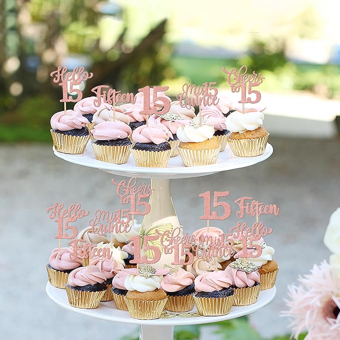 30PCS Happy 15th Birthday Cupcake Toppers Glitter Fifteen Mis Quince Hello 15 Cupcake Picks Cheers to 15 Birthday Decorations for 15th Birthday Anniversary Party Cake Decoration Supplies Rose Gold