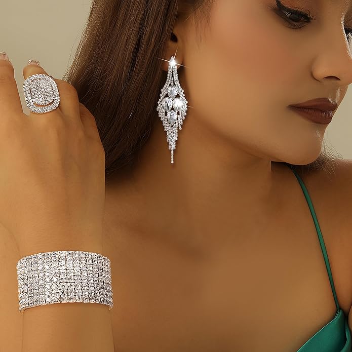 Sllaiss Rhinestone Bridal Jewelry Set for Women Sparkling Rhinestone Stretch Bracelet Ring Dangle Tassel Earrings Set Costume Jewelry