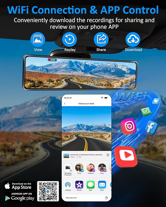 WiFi 4K Rear View Mirror Camera 12" Mirror Dash Cam Front and Rear w 64G TF Card WDR & HDR Night Vision Loop Recording 24H Parking Assistance Rear View Mirror Dash Cam 2160P