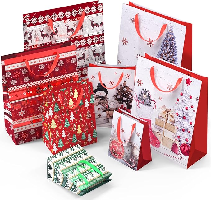 24 PCS Christmas Bags for Wrapping Holiday Gifts,Hot Stamping Foil Festival Bag Bulk Set with Snowman, Reindeer,Christmas Stocking/Cane/Tree, Snowflake, Gin Design - 6 X-Large,6 Large,6 Medium,6 Small