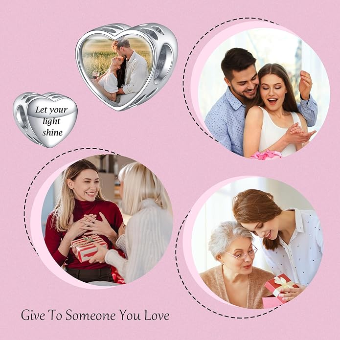 Annmors Personalized Photo Charms For Bracelets/Necklace 925 Sterling Silver Love Heart Shaped Engraved Customize Picture Gift for Birthday Mother's Day,Bead Charms Jewelry for Women
