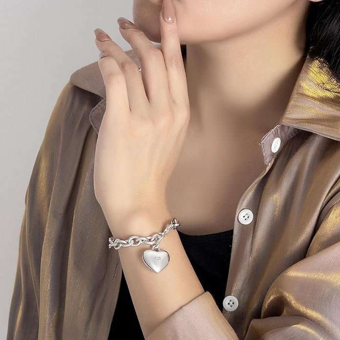 Dankadi Women 925 Sterling Silver Round Cable Wire Link Bracelet Charm Heart-Bell-Square-Circle Pendant Chain Bangle Fine Jewelry Gift For Wife Her