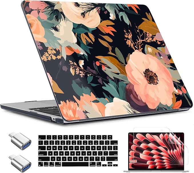 TWOLSKOO Compatible with M4 MacBook Air 15 inch Case 2025-2023 Released Model M4 A3241 M3 A3114 M2 A2941, Plastic Hard Shell & Screen Protector & Keyboard Cover &Type C Adapter, Bright Abstract Flower