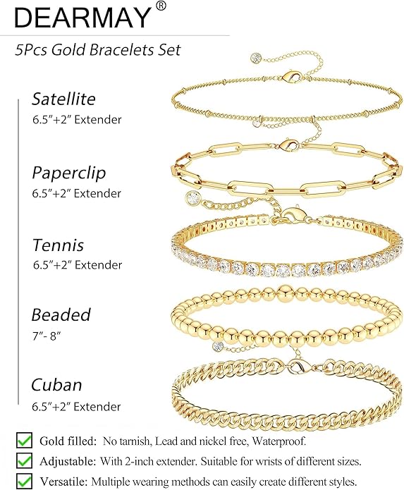 DEARMAY 14K Gold Plated Bracelets for Women, Jewelry Sets Cute Tennis Beaded Bracelets Cuban Link Paperclip Chain Dainty Bracelet Pack Gifts