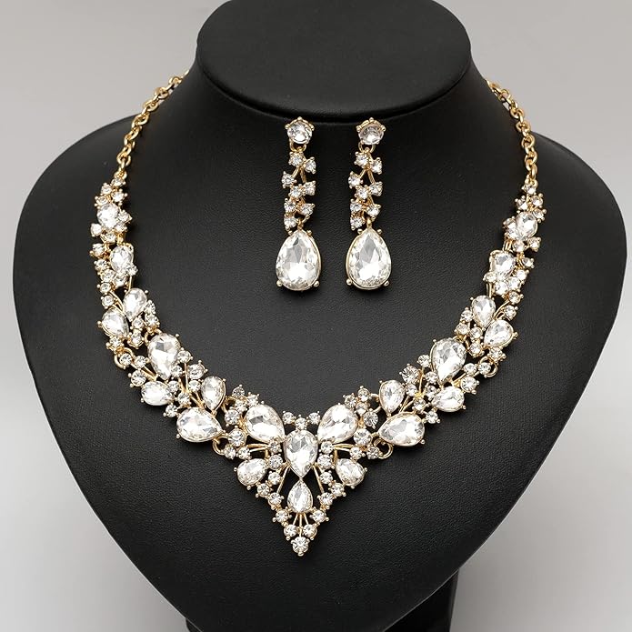 CSY 4 Pcs/Set Austrian Crystal Necklace Earrings Bracelet Ring Bridal Jewelry Sets for Brides Wedding Party Costume Accessories Gifts for Women