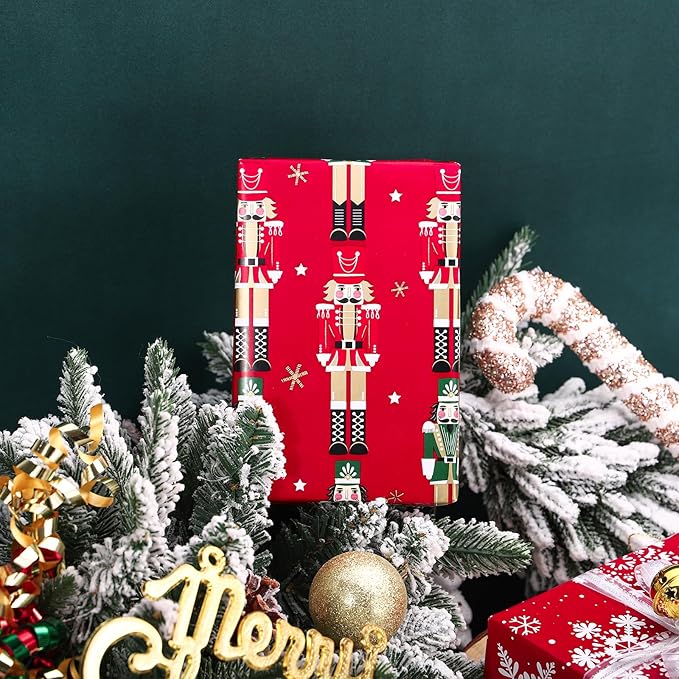WRAPAHOLIC 30 Inch Jumbo Reversible Nutcracker Christmas Wrapping Paper - 30 Inch x 100 Feet Jumbo Roll Red Nutcracker and Snowflake Wrapping Paper for Christmas, Holiday, Party