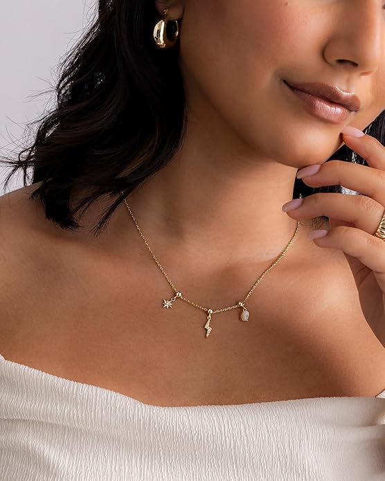 PAVOI 14K Gold Plated Dainty Necklace with Charms Set - Hypoallergenic Adjustable Chain Gold Charm Necklace for Women - Small Motif & Mantra 2 and 3-Pack Removable Pendants - Cute Jewelry Gifts