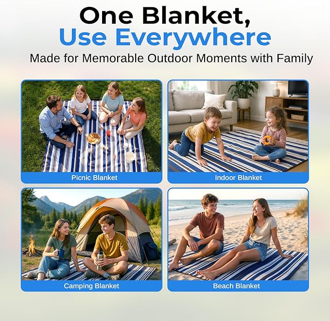 scuddles Extra Large Navy Blue Picnic Blanket Waterproof 3 Layer Polyester Foam and PEVA Mat Foldable Beach Rug with Carry Handle Easy Clean Outdoor Camping Mat for Garden Lawn Park and Travel
