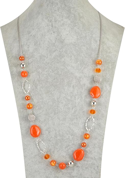 BULINLIN Beaded Long Necklace for Women Silver Sweater Chain Necklace with Crystal Resin Beads, Fashion Jewelry Necklace