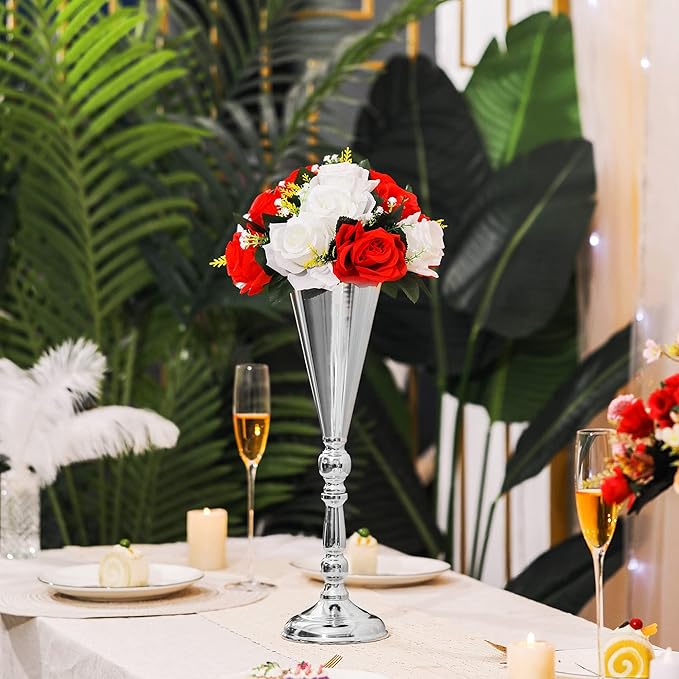 Artificial Roses Flowers, 2 Pcs Flower Ball Arrangement Bouquets 15 Heads Plastic Roses with Base, Perfect for Wedding Party Valentines Table Decoration, Home Décor, Wedding Centerpieces（Red White）