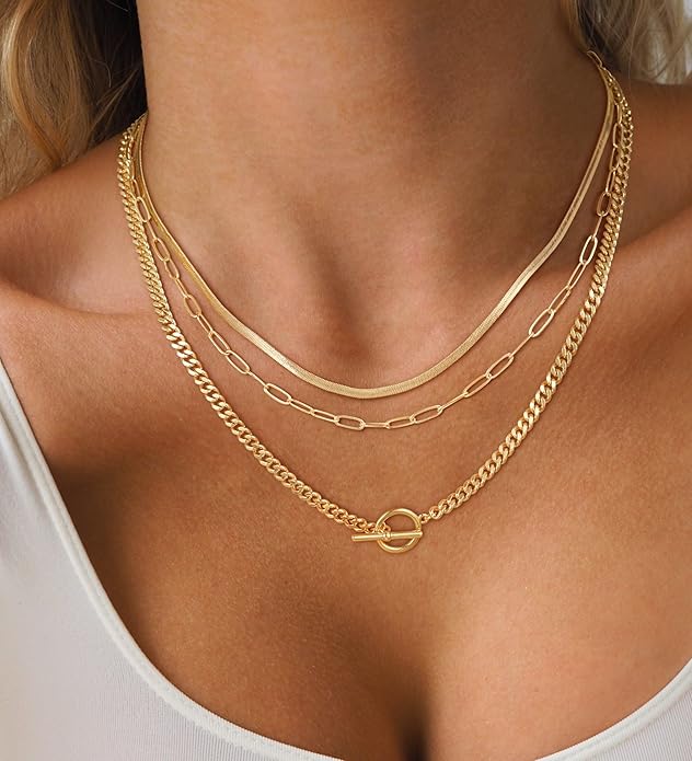 CHESKY Layered Necklaces for Women, 14K Gold Plated Chain Necklace Women Trendy Cuban Link Paperclip Chain Toggle Clasp Necklace Fashion Chunky Jewelry for Women