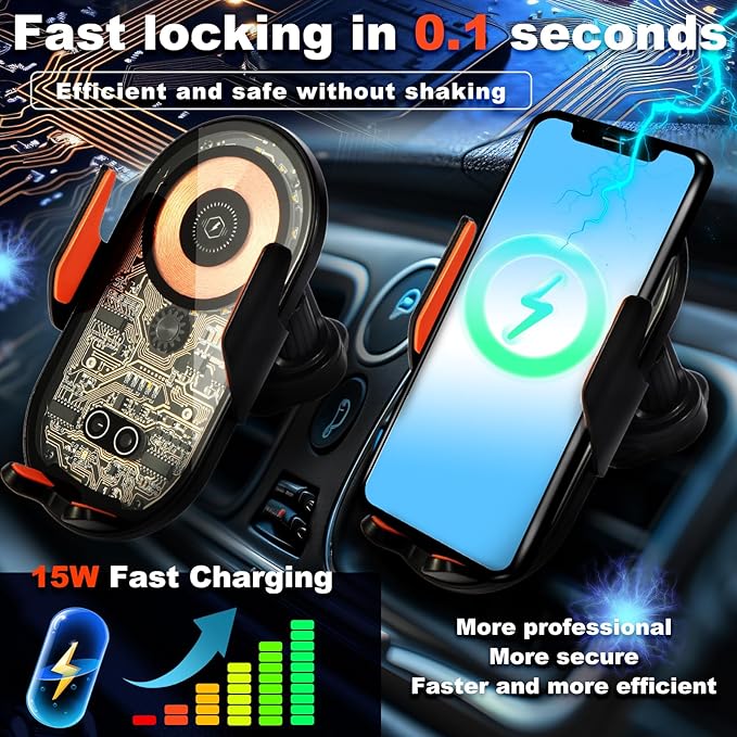 Wireless Car Charger, 15W Fast Charging Auto-Clamping Car Charger Phone Mount Air Vent Cell Phone Holder Compatible with iPhone 16 Pro Max/15/14/13/12/11, Samsung Galaxy S23/S22/S21/S20, etc