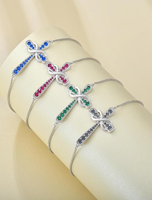 YL Cross Bracelet 925 Sterling Silver Infinity Sideways Link Bracelet Birthstone Jewelry for Women