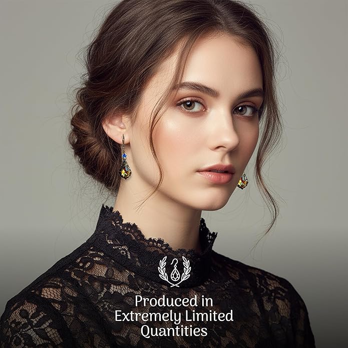 Antique Inspired Vintage Victorian Dangle Drop Earrings for Women - Colored Austrian Crystal Leverback Earrings - Jewelry Gift for Her