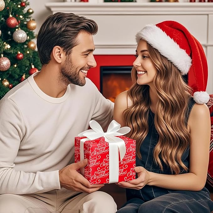 WRAPAHOLIC 30 Inch Jumbo Reversible Red Christmas Wrapping Paper - 30 Inch x 100 Feet Jumbo Roll Merry Christmas and Solid Red Wrapping Paper for Holiday, Party Celebration