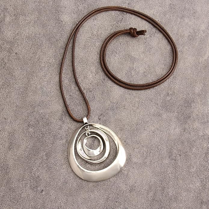 GelConnie Boho Necklaces for Women Vintage Silver Circles Long Pendant Necklace Cowgirl Sweater Necklace Adjustable Leather Choker Necklace for Women