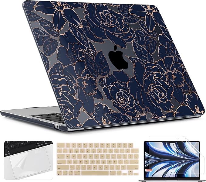 TWOLSKOO for M4 MacBook Air 13.6 inch Case 2025-2022 Release M4 A3240 M3 A3113 M2 A2681, Plastic Hard Shell & Screen Protector & Keyboard Cover & Trackpad Film, Elegant Roses