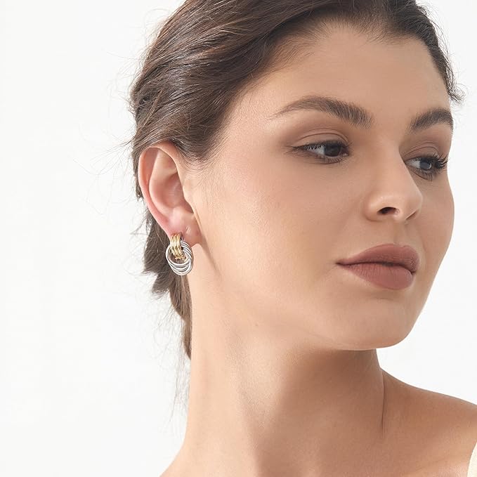 Knot Link Earrings, Chunky Circle Drop Dangle Studs Two Tones Mix-colred Earrings