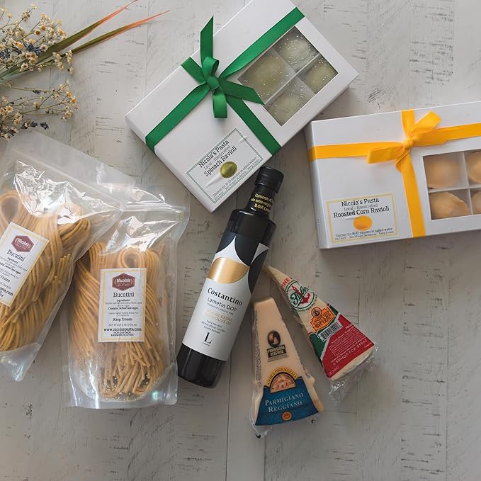 Authentic Cacio e Pepe Bundle with Roasted Corn Ravioli, Handmade Bucatini, DOP Pecorino Romano & Parmigiano Reggiano, DOP Extra Virgin Olive Oil – Italian Gourmet Meal