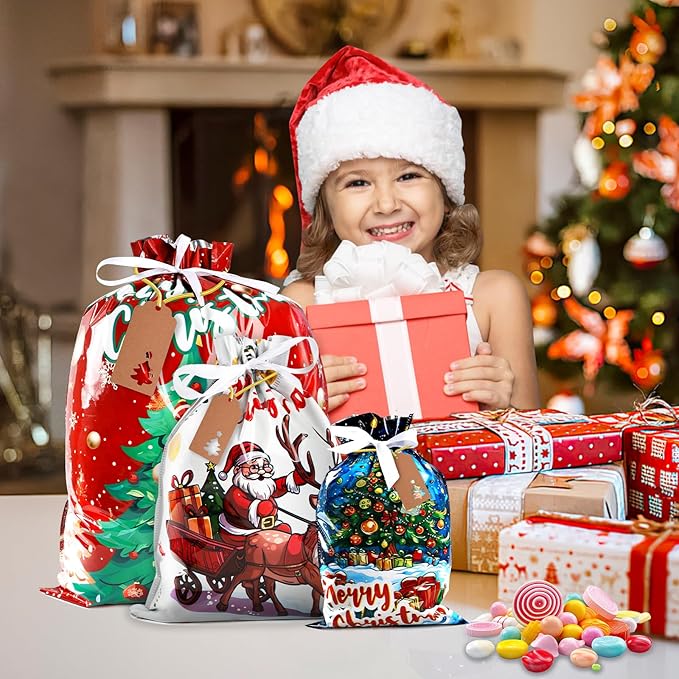 AURUZA 40Packs Christmas Drawstring Gift Bags - Assorted Sizes from Small to Jumbo, with Colorful Designs & Tags, deal for Holiday Wrapping & Decorations Party Favors
