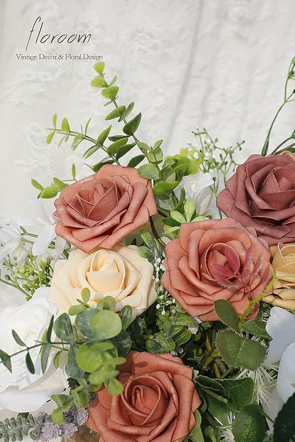 Floroom Artificial Flowers 25pcs Real Looking Burnt Orange Ombre Colors Foam Fake Roses with Stems for DIY Wedding Bouquets Bridal Shower Centerpieces Floral Arrangements Party Tables Home Decorations