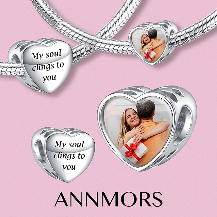 Annmors Personalized Photo Charms For Bracelets/Necklace 925 Sterling Silver Love Heart Shaped Engraved Customize Picture Gift for Birthday Mother's Day,Bead Charms Jewelry for Women