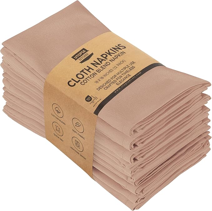 Utopia Kitchen Taupe Cloth Napkins [12 Pack, 18x18 Inch] Cotton Blend Washable and Reusable Table Dinner Napkins