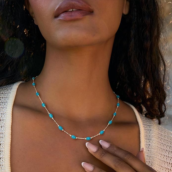 Created Turquoise Necklace for Women 14K Gold Plated Beaded Heart Choker Boho Necklaces Handmade Beach Summer Everyday Western Jewelry Gifts