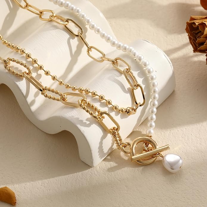 Layered Pearl Chain Necklace for Women, 14K Gold Plated Pearl Link Toggle Clasp Necklace, Dainty Trendy Layered Choker Chunky Jewelry Fashion Gift for Women