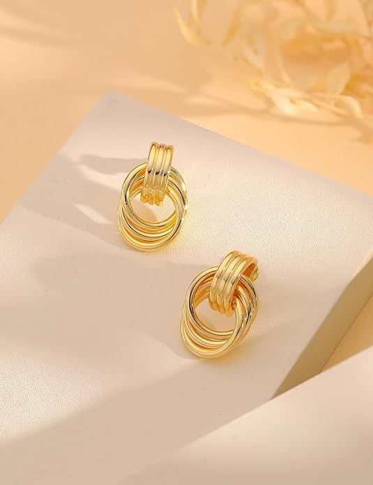 14K Gold Plated Knot Statement Earrings for Women Hypoallergenic Chunky Drop Dangle Earrings - Lightweight Fashion Accessories Gold Jewelry Gifts for Womens Trendy