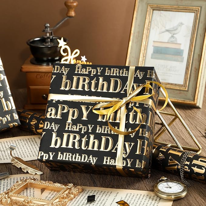 WRAPAHOLIC Jumbo 3D Kraft Birthday Wrapping Paper Roll - 30 Inch x 16.5 Feet - Gold and Black Happy Birthday Wrapping Paper with Embossed Perfect for Holiday, Party Celebration