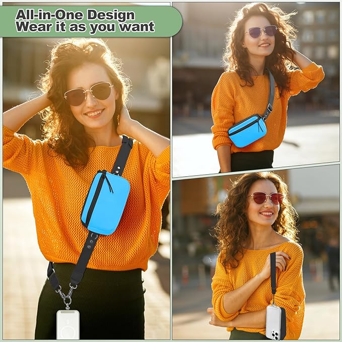 Clip and Go Strap for Phone with Wallet Crossbody, Adjustable Phone Lanyard with Detachable RFID Wristlet Wallet & Ultra-Thin 360° Rotatable Metal Tabs for All Smartphones (Blue)