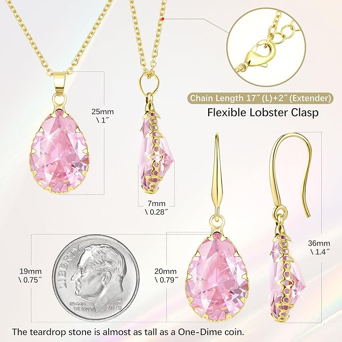 Linawe Crystal Jewelry Sets for Women, Imitation Diamond Pendant Necklace, Rhinestone Drop Dangle Earrings, Birthstone Cubic Zirconia Matching Wedding Jewelry, 14K Gold/Rose Gold/Silver Tones
