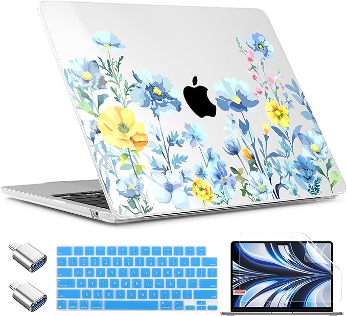 TWOLSKOO Compatible with M4 MacBook Air 13.6 inch Case 2025-2022 Release M4 A3240 M3 A3113 M2 A2681, Plastic Hard Shell & Keyboard Cover & Type C Adapter & Screen Protector, Blue Flowers