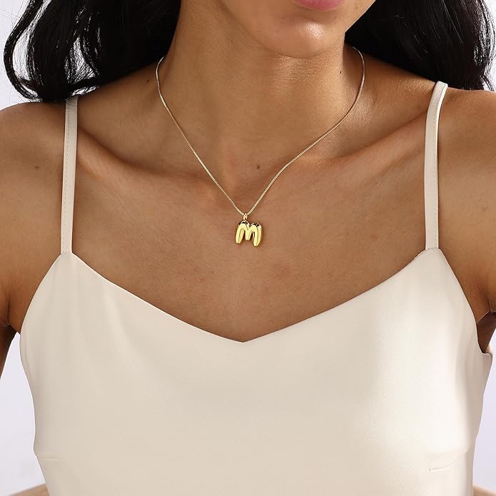 Bubble Gold Silver Letter Necklace Initial Necklaces for Women Trendy 14K Dainty Charm Pendant Name Necklace Personalized Jewelry Gift for Women Teen